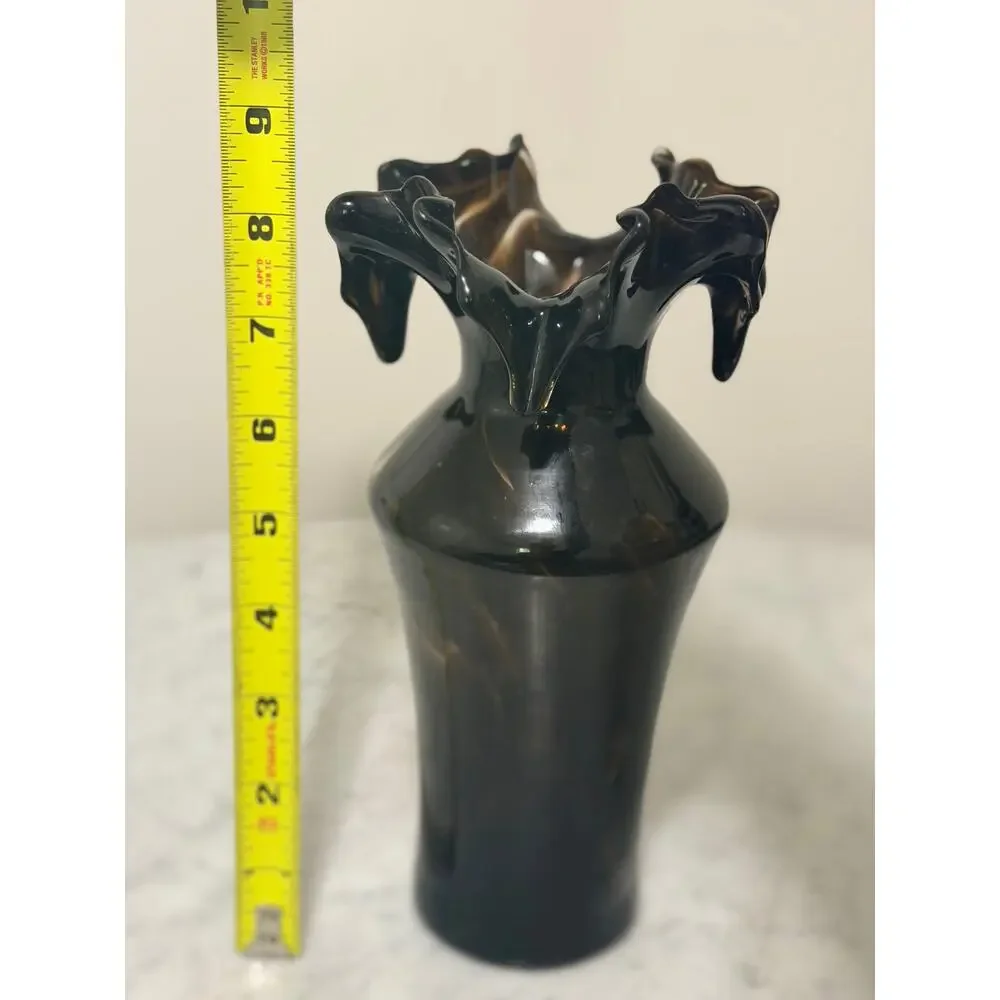 Vintage Black Amethyst Art Glass Vase 9” Hand-Blown Ruffled Crimped Rim